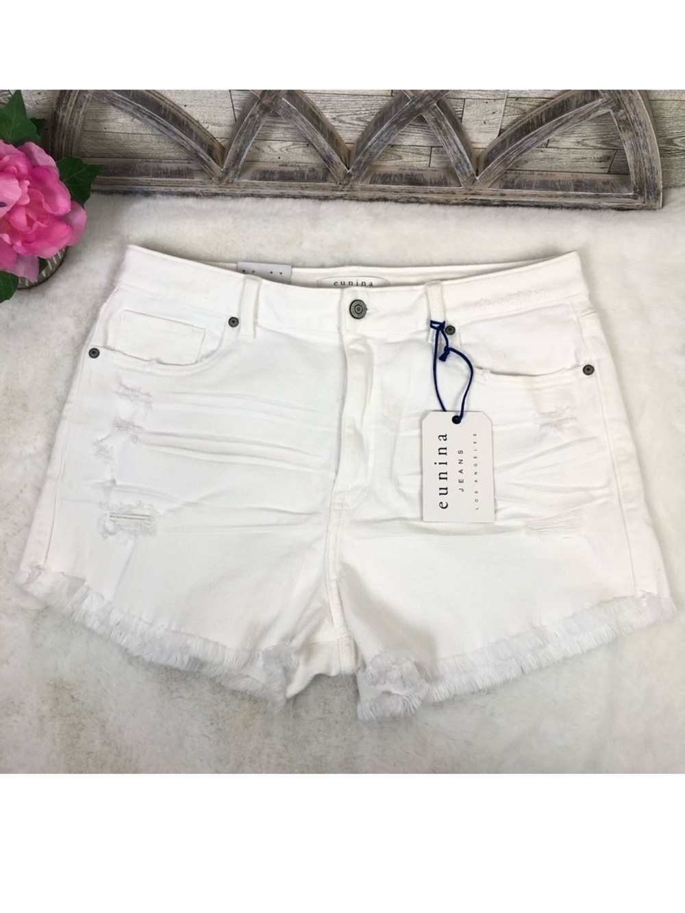 eunina White Frayed Hem Distressed Denim Shorts